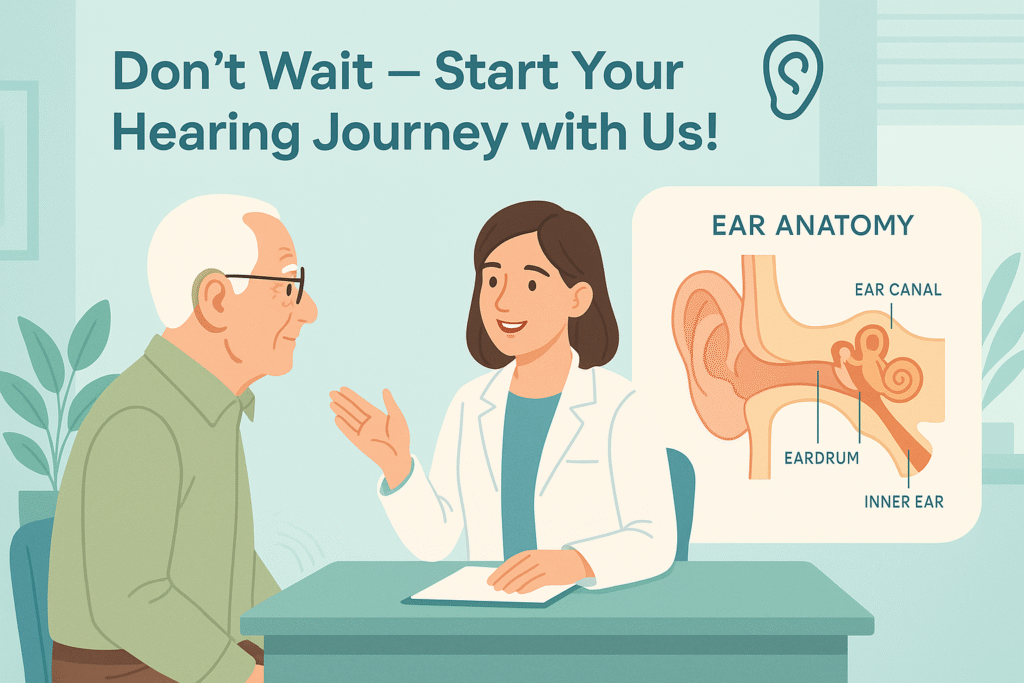 An elderly person wears a hearing aid along with indications of age related hearing loss.