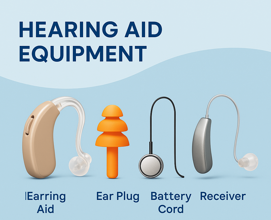 The Hearing Aid Equipment consists of a contemporary hearing aid system with ear plugs and both the battery charging cable and receiver.